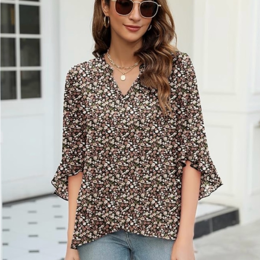 Floral V-Neck Blouse - Brown and White - Picture 3 of 5